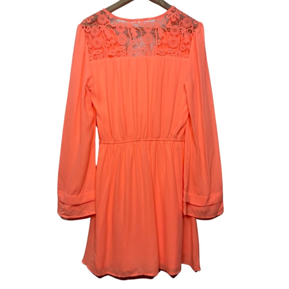 GIANNI BINI | Long Sleeve Bright Coral Lace Trim Mini Dress | Size L - Picture 6 of 13